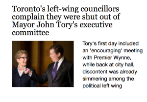 Toronto's left-wing councillors complain they were shut out of Mayor John Tory's executive committee
